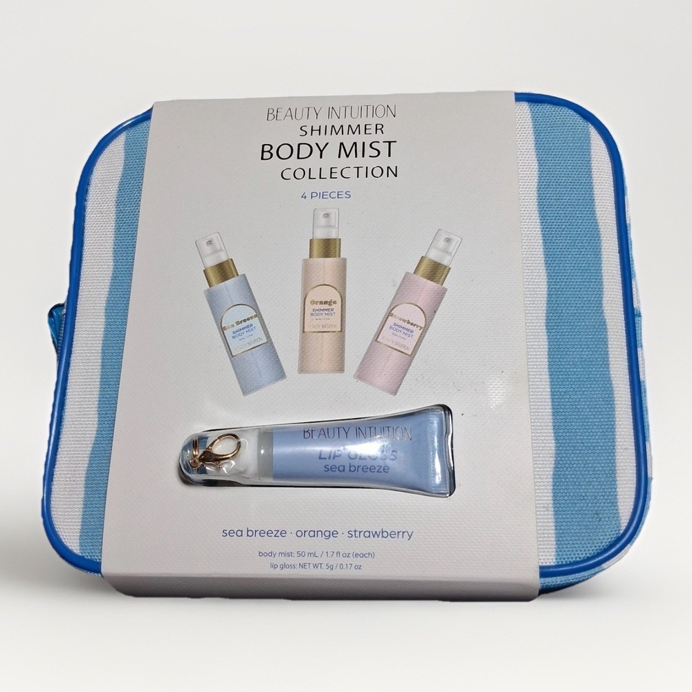 Beauty Intuition Shimmer Body‎ Mist Collection 4pc Set with Striped Travel Case